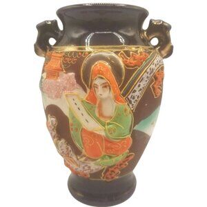 Japanese Satsuma Ware Vase Kannen Goddess of Mercy 1940s Handles Moriage